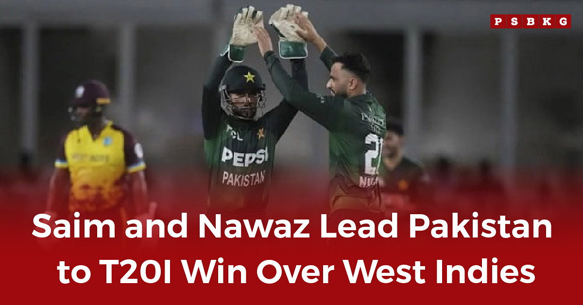 Saim and Nawaz celebrate a T20I victory for Pakistan against West Indies during the West Indies-Pakistan T20I, showcasing team spirit on the field.