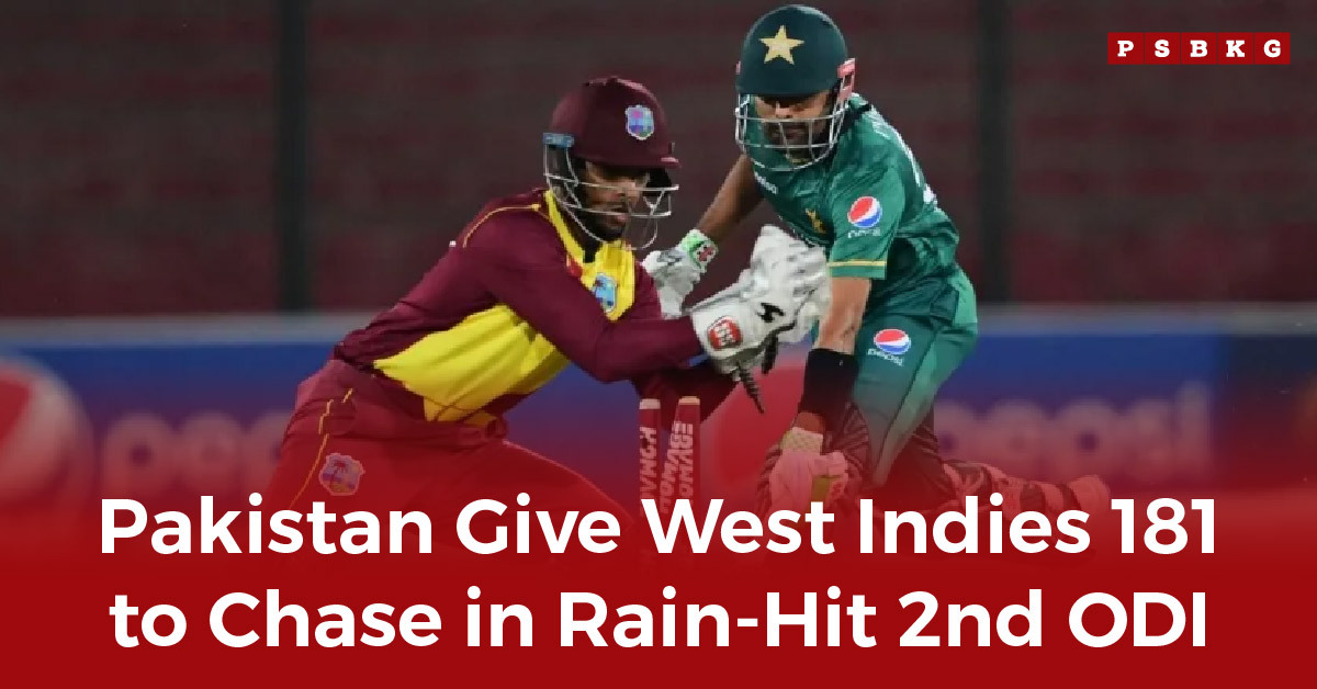 Cricket match with players in green and maroon uniforms, showing a batsman ready to play a shot as West Indies beat Pakistan in the rain-affected second ODI.