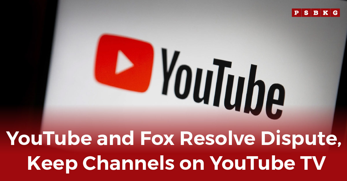 YouTube logo with a headline about the YouTube Fox deal, highlighting the resolution of the dispute and ensuring Fox channels remain available on YouTube TV.