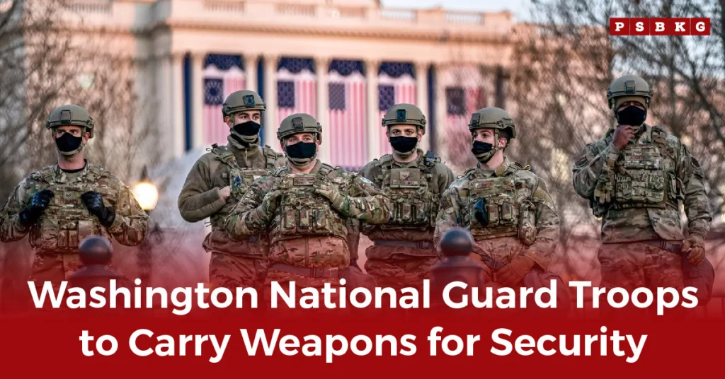 Six National Guard troops in uniform and masks stand in front of a building with U.S. flags, representing the National Guard armed deployment Washington D.C. for security.