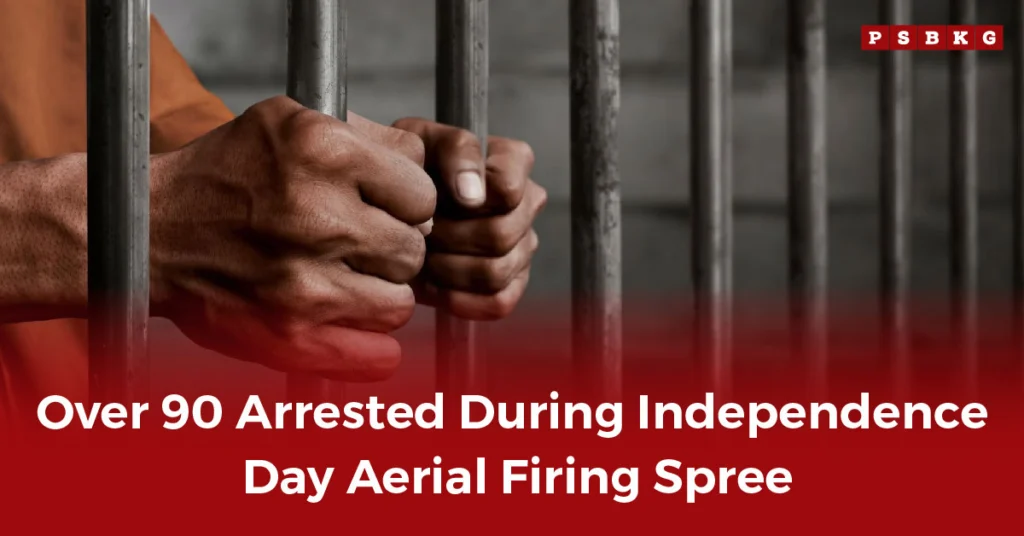 A person grips prison bars, highlighting the theme of arrested aerial firing Karachi during an Independence Day incident, with bold text overlay.