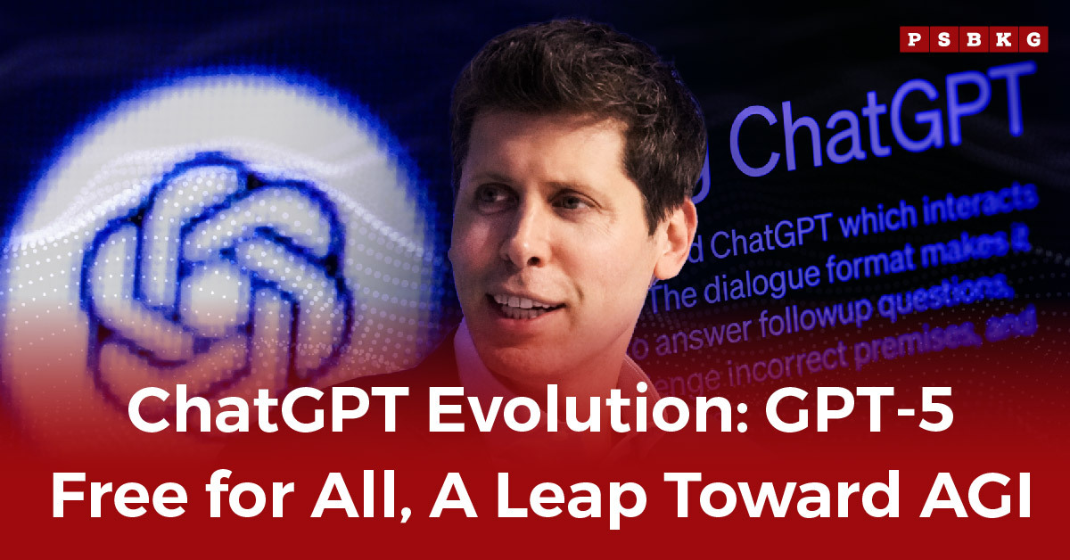 Graphic depicting the evolution of ChatGPT, featuring text about GPT-5 free and a background with a ChatGPT logo.