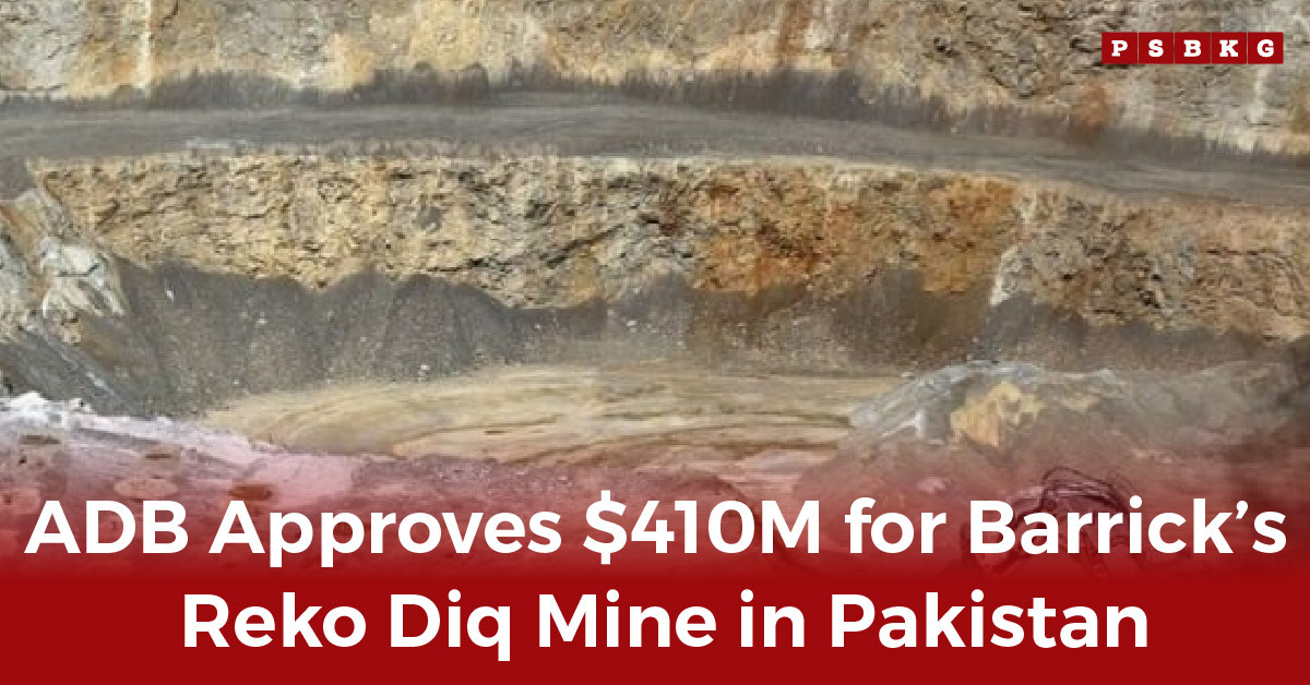 Large open-pit mine in Pakistan with visible mineral deposits, representing the Reko Diq Mine Pakistan, alongside a bold headline highlighting ADB’s $410 million funding support for Barrick Gold.