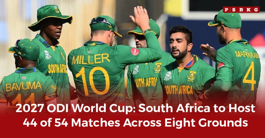 A group of South African cricket players in green jerseys celebrate, with "Miller" and "Bavuma" visible on their backs.