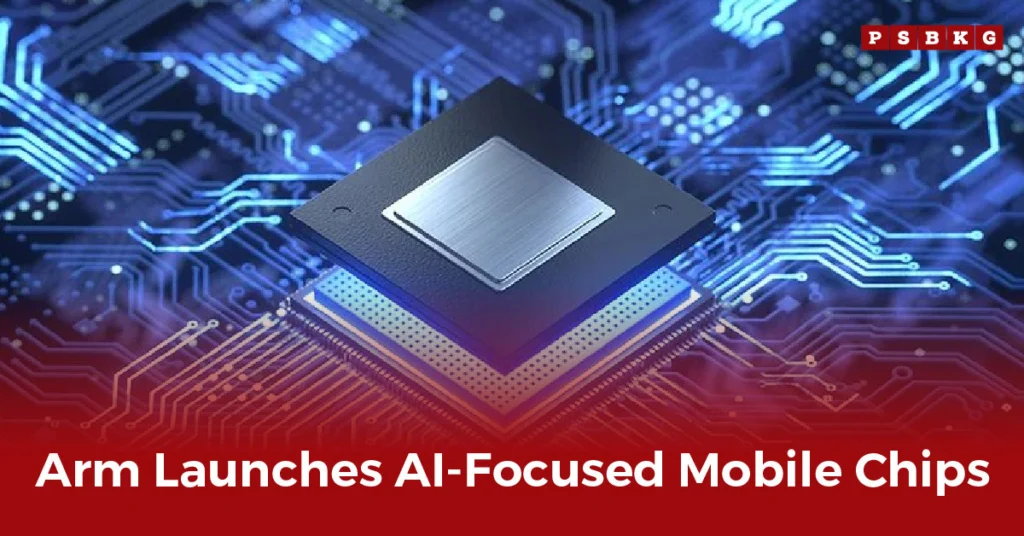 Close-up of a modern mobile chip on a circuit board, showcasing Arm AI mobile chips and their new AI-focused technology launch.