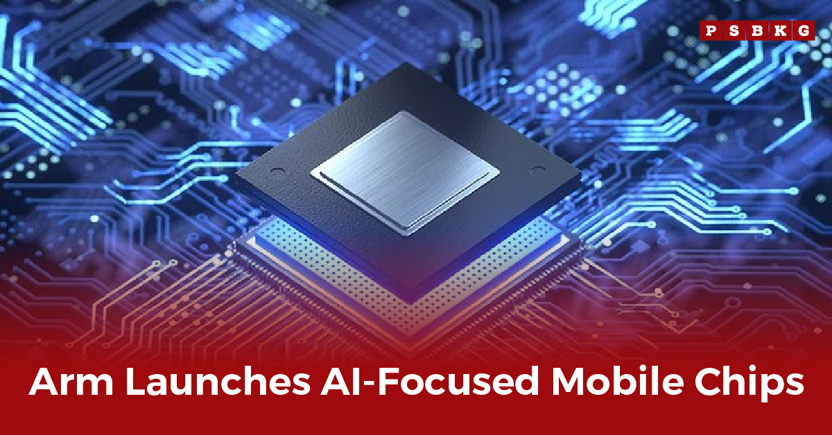 Close-up of a modern mobile chip on a circuit board, showcasing Arm AI mobile chips and their new AI-focused technology launch.