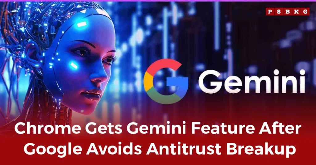 Futuristic digital head prototype shown beside the Google Gemini logo, with headline on Chrome updates featuring Chrome Gemini AI.
