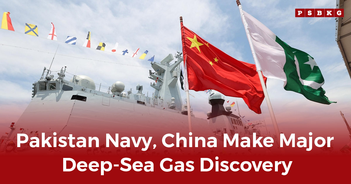 Flags of China and Pakistan wave alongside a naval vessel, symbolizing their collaboration on the discovery of Deep-Sea Gas in Pakistan.