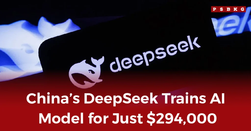 Text reads 'China's DeepSeek Trains AI Model for Just $294,000' over a blurred blue-white background with logo, highlighting DeepSeek AI training cost.