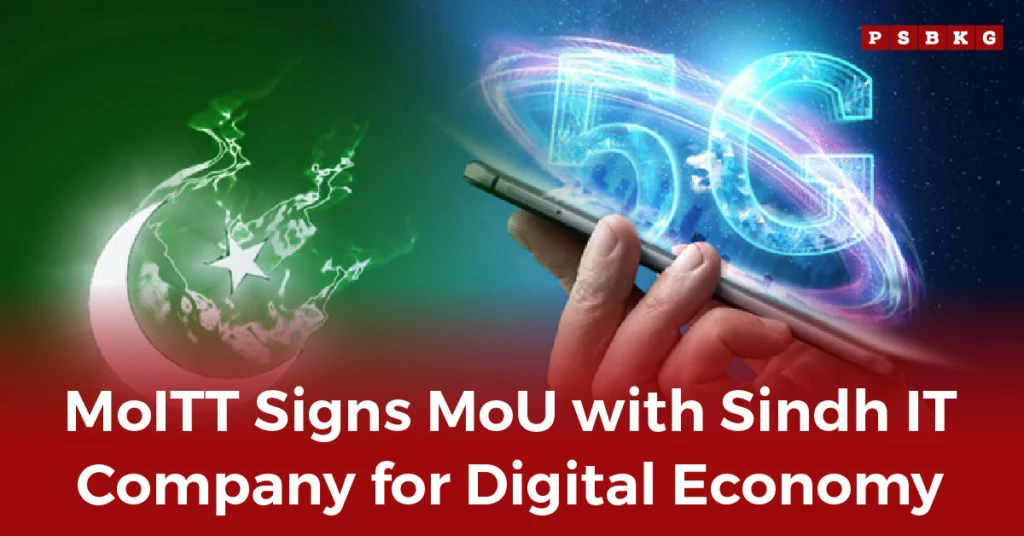 Graphic with Pakistan’s flag and a hand holding a 5G smartphone, announcing MoU to boost digital economy in Sindh.
