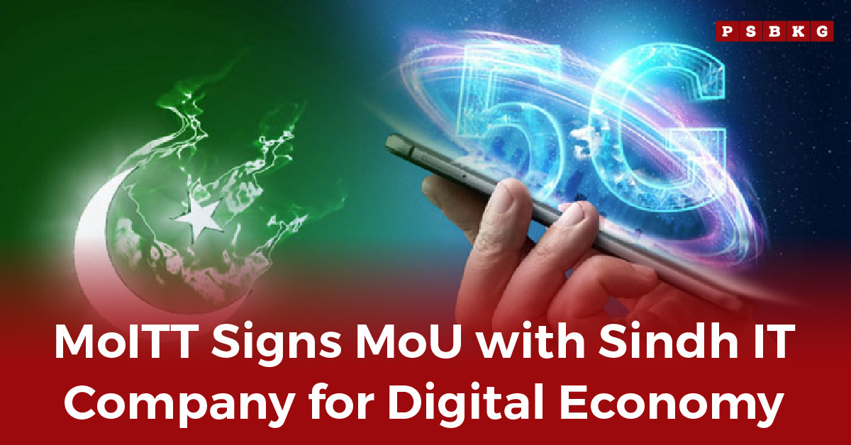 Graphic with Pakistan’s flag and a hand holding a 5G smartphone, announcing MoU to boost digital economy in Sindh.