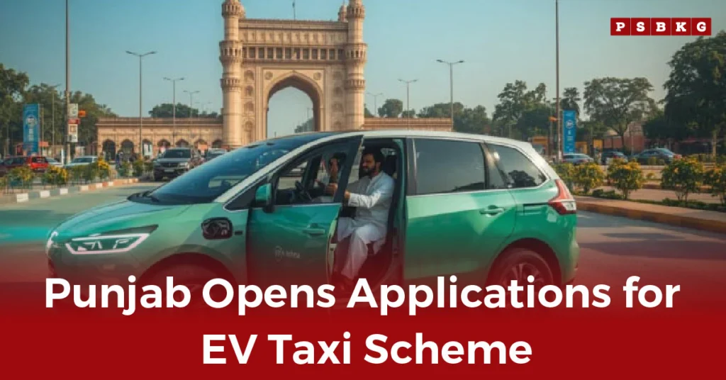A green electric taxi parked near an iconic arch in Punjab with a sign announcing the launch of an EV Taxi Scheme Punjab.