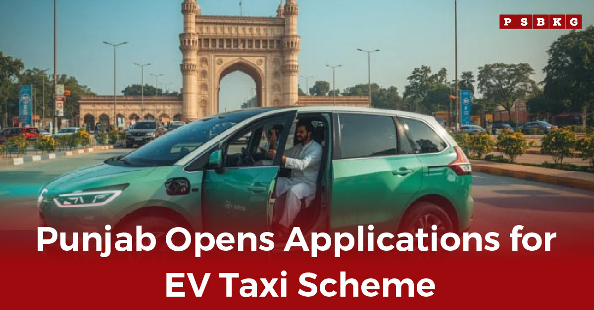 A green electric taxi parked near an iconic arch in Punjab with a sign announcing the launch of an EV Taxi Scheme Punjab.
