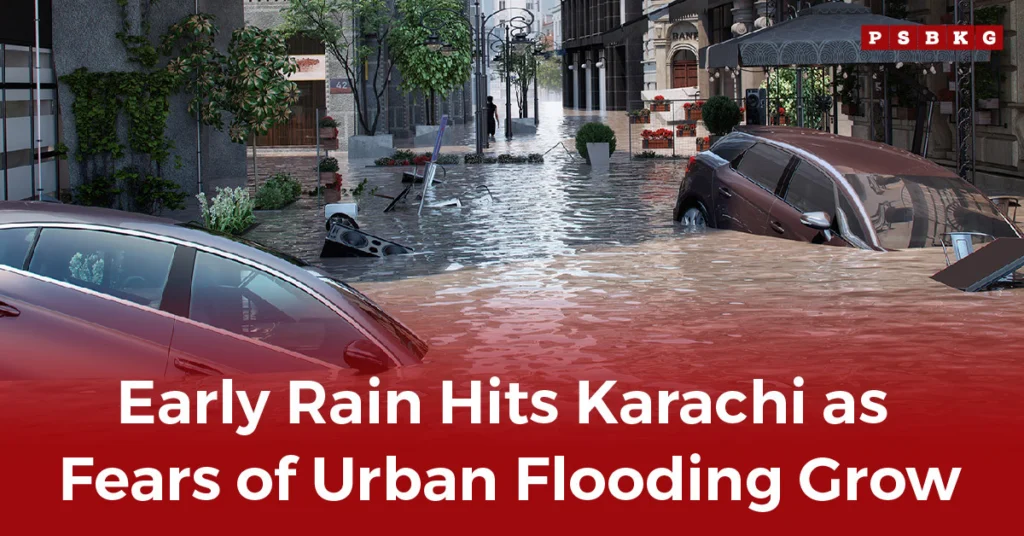 A flooded street in Karachi with parked cars partially submerged as early rain hits Karachi, raising concerns about urban flooding across the city. Early rain hits Karachi.