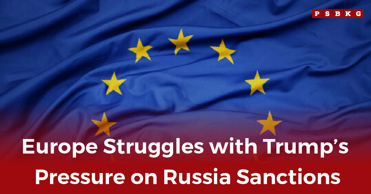 A close-up of the European Union flag with a bold headline discussing Europe’s challenges with Trump’s Russia sanctions, reflecting debates around Europe Russia sanctions Trump.