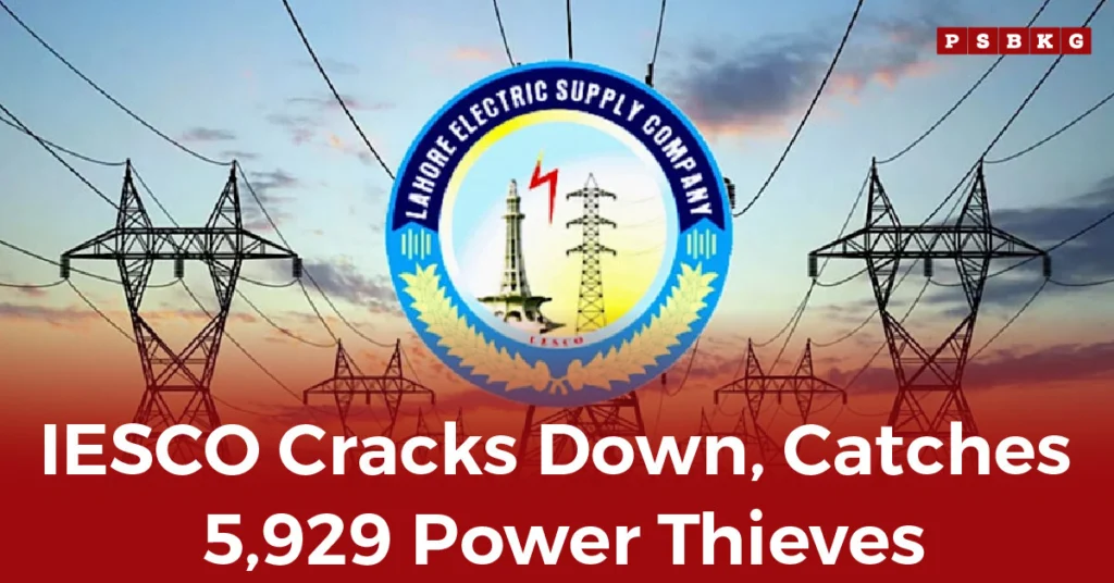 Graphic featuring the IESCO logo against a backdrop of power lines, announcing the IESCO power theft crackdown on 5,929 power thieves.
