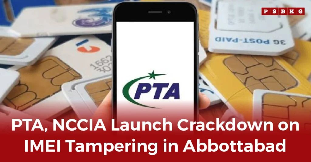 A smartphone displaying the PTA logo, surrounded by multiple SIM cards, symbolizes the ongoing IMEI tampering crackdown Abbottabad, reflecting efforts to curb mobile-related crimes.