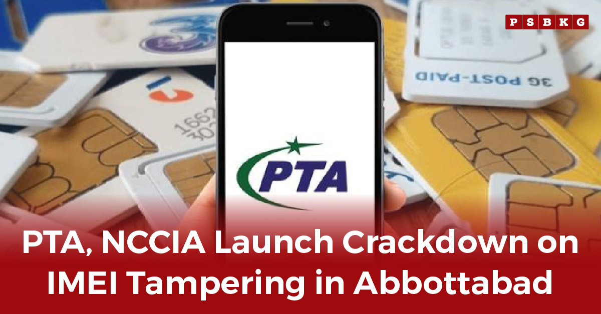 A smartphone displaying the PTA logo, surrounded by multiple SIM cards, symbolizes the ongoing IMEI tampering crackdown Abbottabad, reflecting efforts to curb mobile-related crimes.