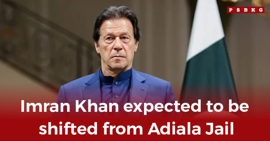 Imran Khan stands before a Pakistan flag backdrop with text on his expected transfer from Adiala Jail, highlighting Imran Khan jail transfer.