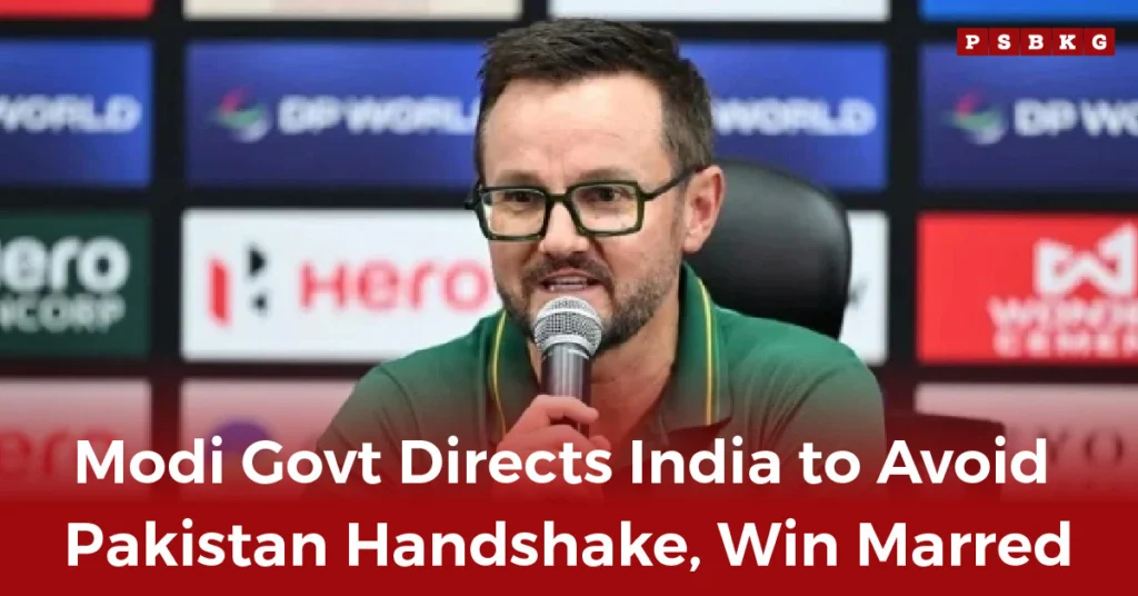 India Pakistan handshake issue A speaker at a press conference discusses India’s directive regarding engagement with Pakistan, set against a backdrop of logos and graphics.