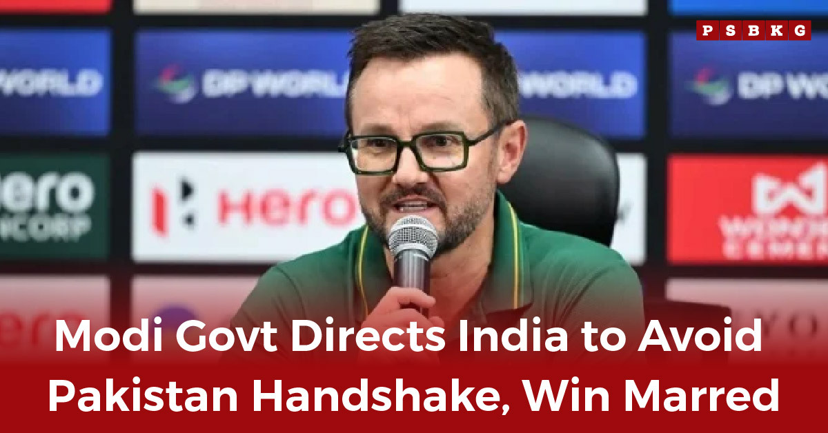 India Pakistan handshake issue A speaker at a press conference discusses India’s directive regarding engagement with Pakistan, set against a backdrop of logos and graphics.