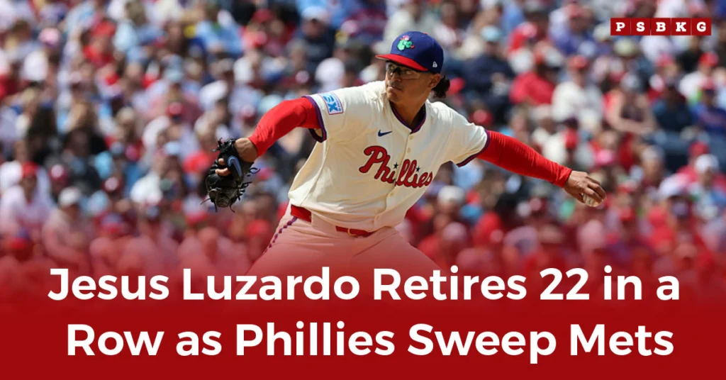 Jesus Luzardo 22 straight A Phillies pitcher delivers a pitch against the Mets, showing intense focus as the crowd cheers in the background.