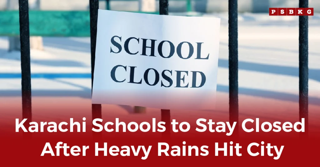A sign reading School Closed hangs on a fence, announcing Karachi schools closed due to heavy rains.