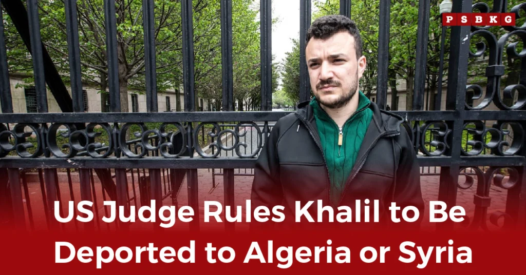 A man stands before a black wrought-iron fence surrounded by green trees, with text highlighting his Khalil deportation ruling.