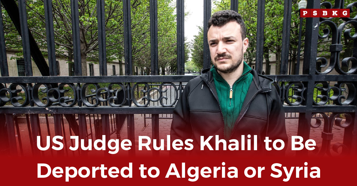 A man stands before a black wrought-iron fence surrounded by green trees, with text highlighting his Khalil deportation ruling.