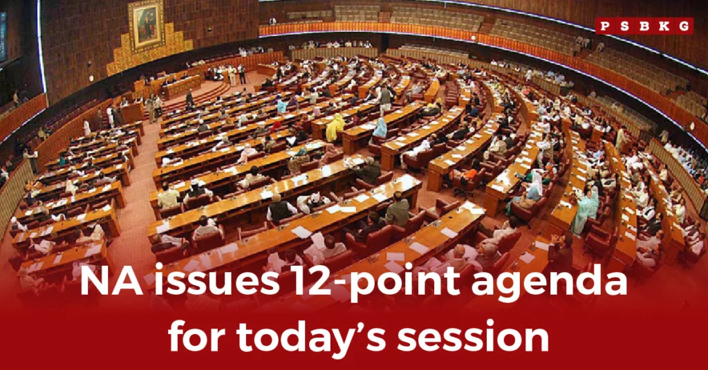 Wide view of a parliamentary session with representatives seated and a 12-point agenda displayed, highlighting NA 12-point agenda.