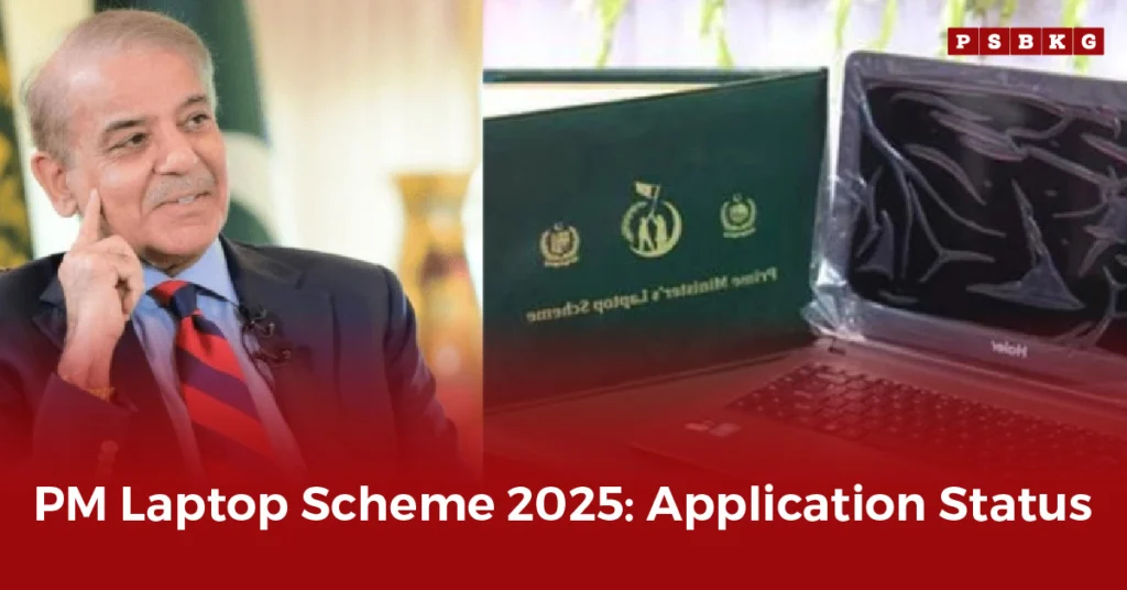 A laptop with protective packaging displayed beside promotional materials, highlighting PM Laptop Scheme 2025 application status.
