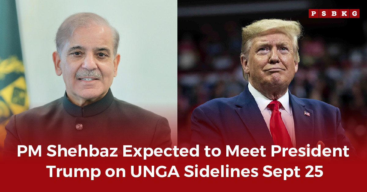 Two world leaders stand side by side, against a backdrop with text announcing an upcoming meeting at the UNGA on September 25, highlighting the PM Shehbaz Trump UNGA meeting.