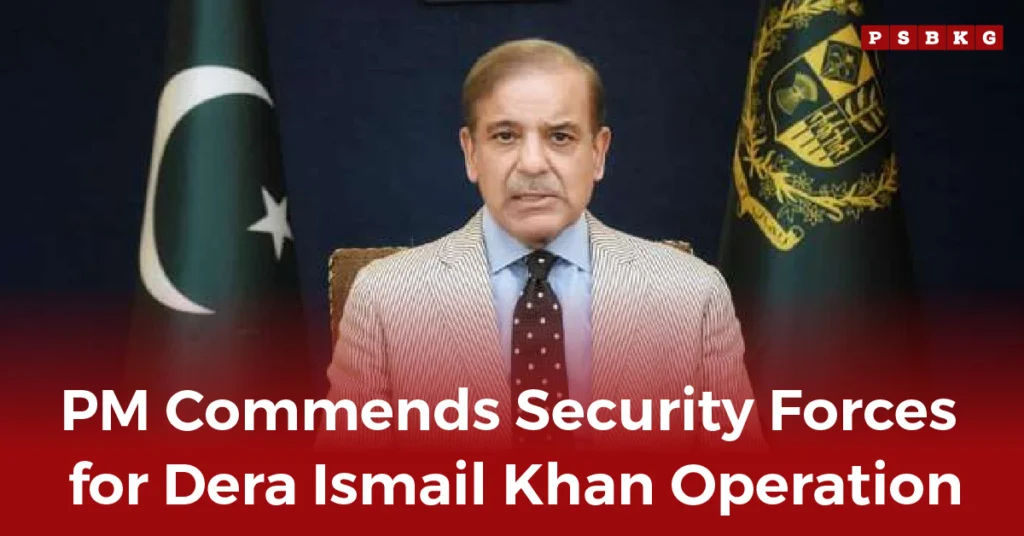 A seated official in formal attire speaks before Pakistani flags, highlighting PM praises security forces for recent operation.