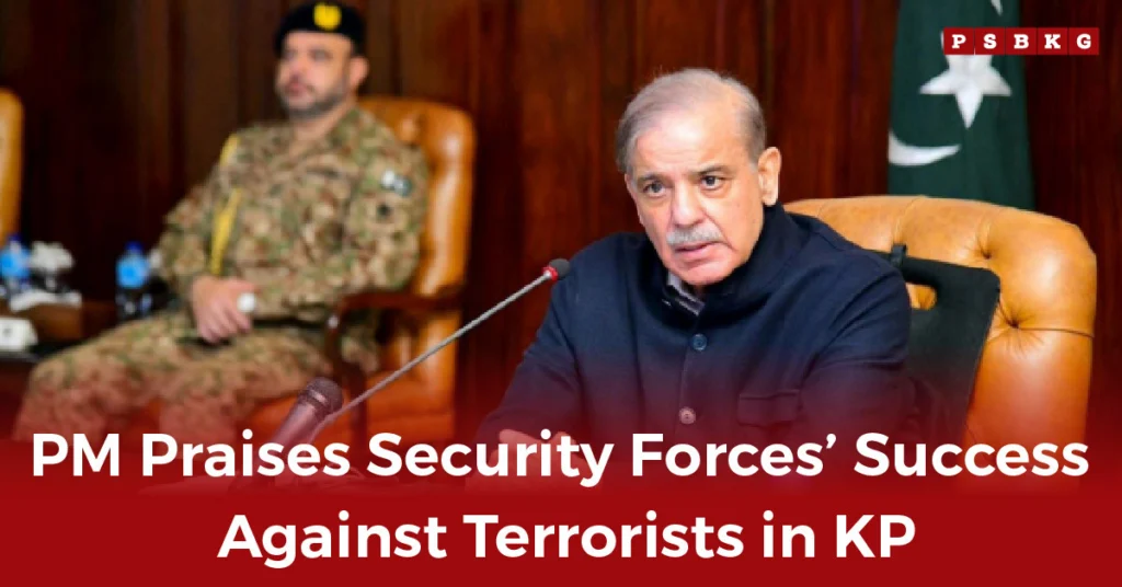A military official in uniform sits beside a seated official in a suit during a meeting, discussing security successes in KP, as the PM praises security forces for their role.