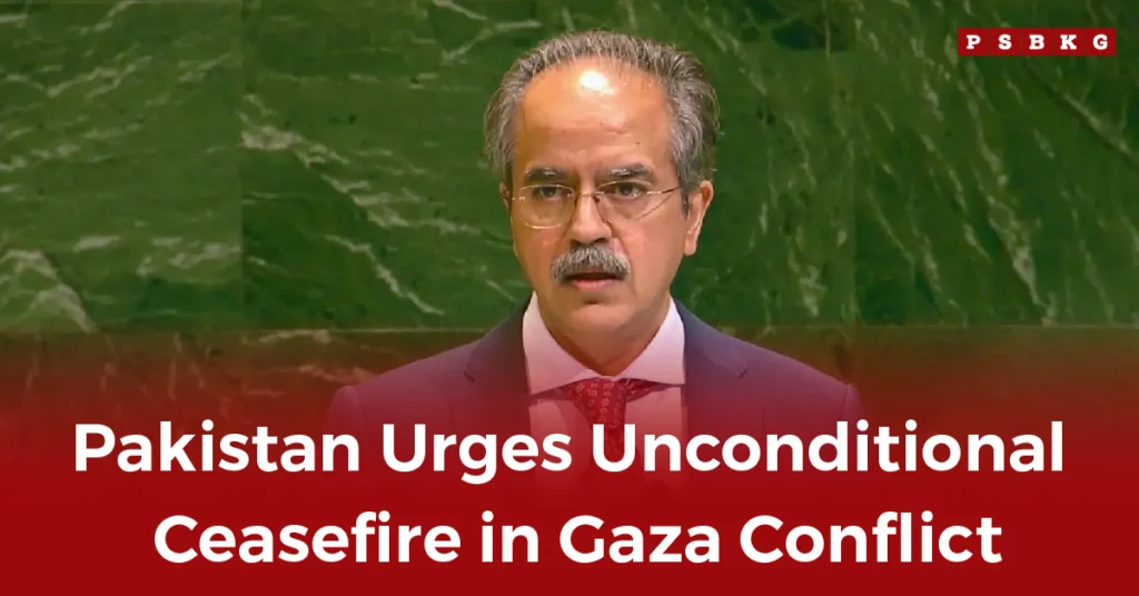 A speaker addresses a conference with a green backdrop, emphasizing the need for an unconditional Gaza ceasefire, highlighting Pakistan Gaza ceasefire.