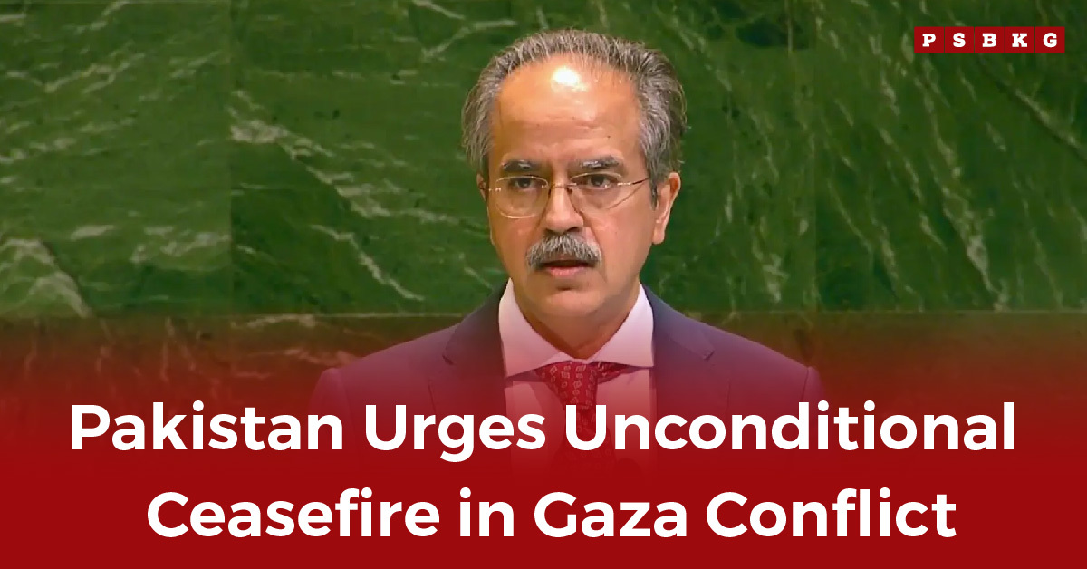 A speaker addresses a conference with a green backdrop, emphasizing the need for an unconditional Gaza ceasefire, highlighting Pakistan Gaza ceasefire.
