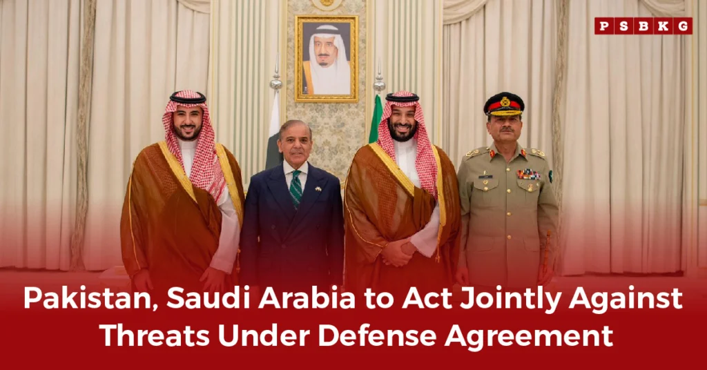 Pakistan and Saudi Arabia defense leaders in traditional attire stand together with flags in the background, discussing defense collaboration, highlighting Pakistan Saudi defense.