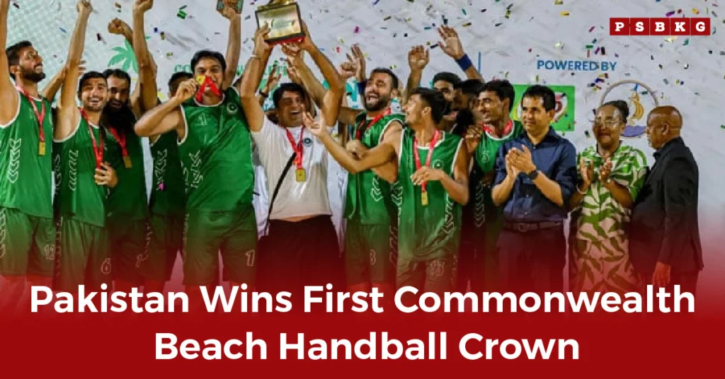 A jubilant team in green jerseys celebrates with a trophy, confetti, and medals after winning Pakistan beach handball event.