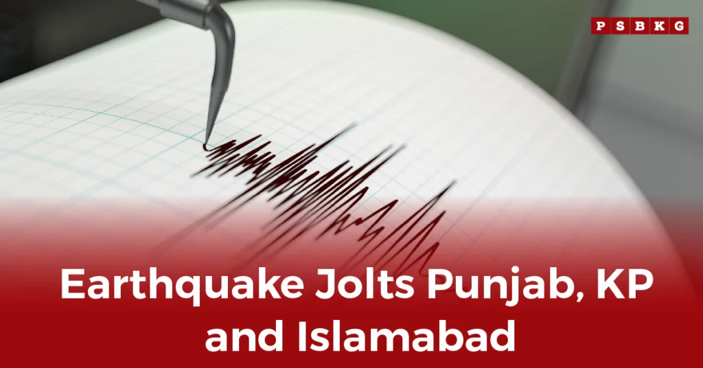 Seismograph shows earthquake readings with text highlighting tremors in Punjab, KP, and Islamabad, reflecting Pakistan earthquake news.