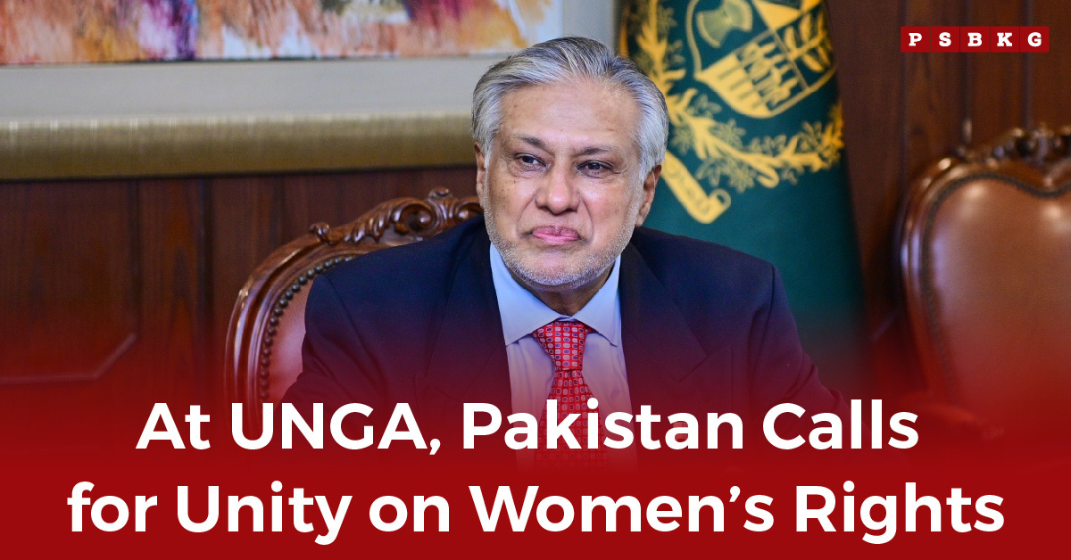 A seated official addresses the UN General Assembly before a national flag, stressing unity for Pakistan women’s rights.