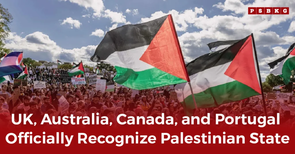 A large crowd waves Palestinian flags and protest signs under clear skies, demanding leaders recognize Palestinian state.