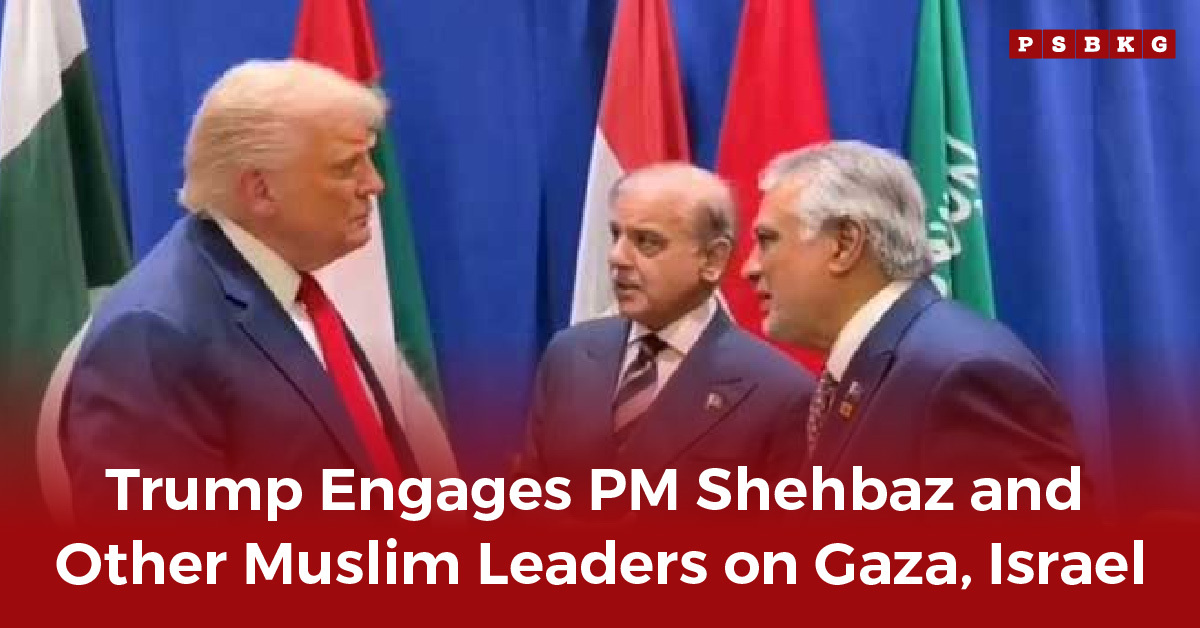 Trump speaks with PM Shehbaz Sharif and other leaders about the Gaza-Israel situation, with national flags in the background, highlighting Shehbaz Sharif US President meeting.