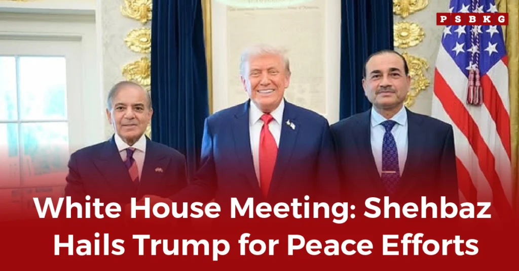 White House scene shows Trump with PM Shehbaz and leaders discussing peace efforts, with flags and curtains, highlighting Shehbaz Trump meeting.