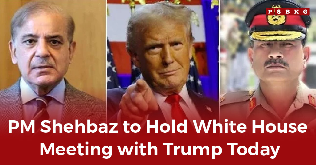 PM Shehbaz meets Trump at the White House, flanked by military leaders with American flags in the background, highlighting Shehbaz Trump meeting.