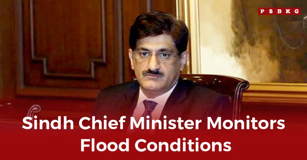 Sindh Chief Minister oversees flood response efforts in a formal setting with wooden paneling and artwork, highlighting the Sindh flood situation.