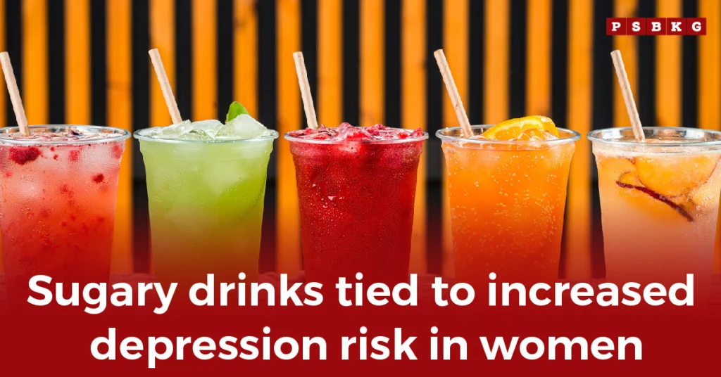 Row of colorful sugary drinks with straws, with text linking consumption to higher depression risk in women, highlighting sugary drinks depression risk.