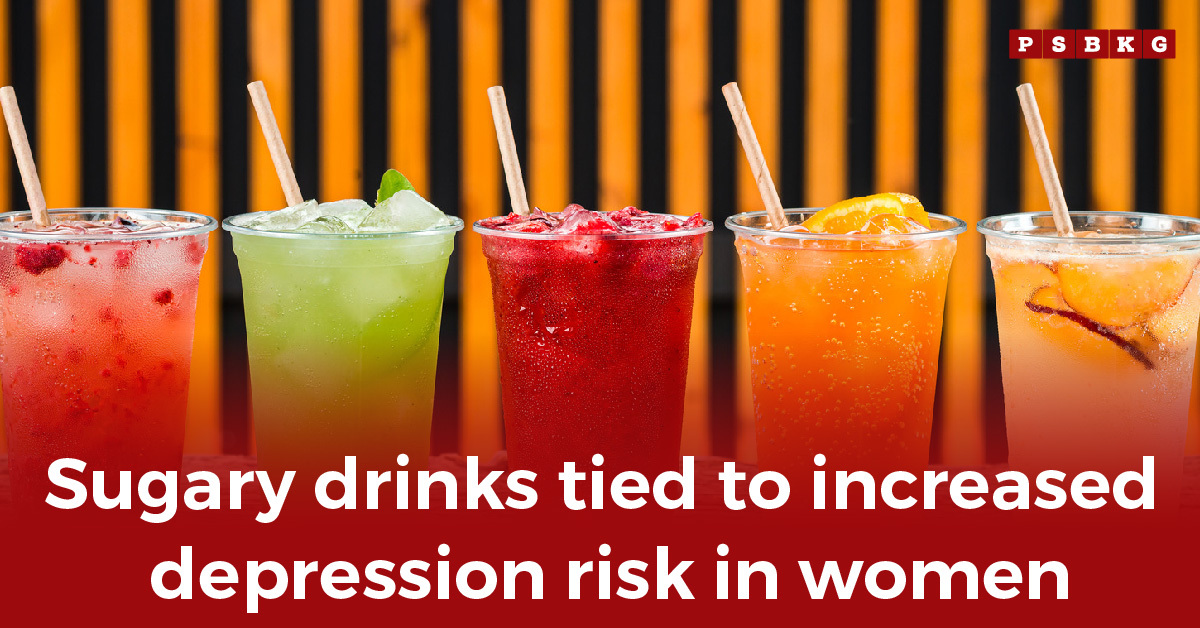 Row of colorful sugary drinks with straws, with text linking consumption to higher depression risk in women, highlighting sugary drinks depression risk.