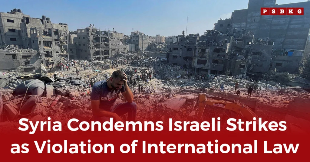 A scene of devastation in a war-torn city, with rubble and damaged buildings as people gather amid the debris, capturing the aftermath of conflict as Syria condemns Israeli strikes.