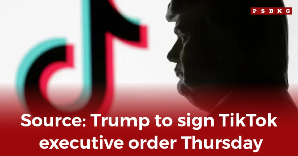 Graphic with TikTok logo and silhouette of a person, announcing Trump TikTok executive order plan on app regulations.