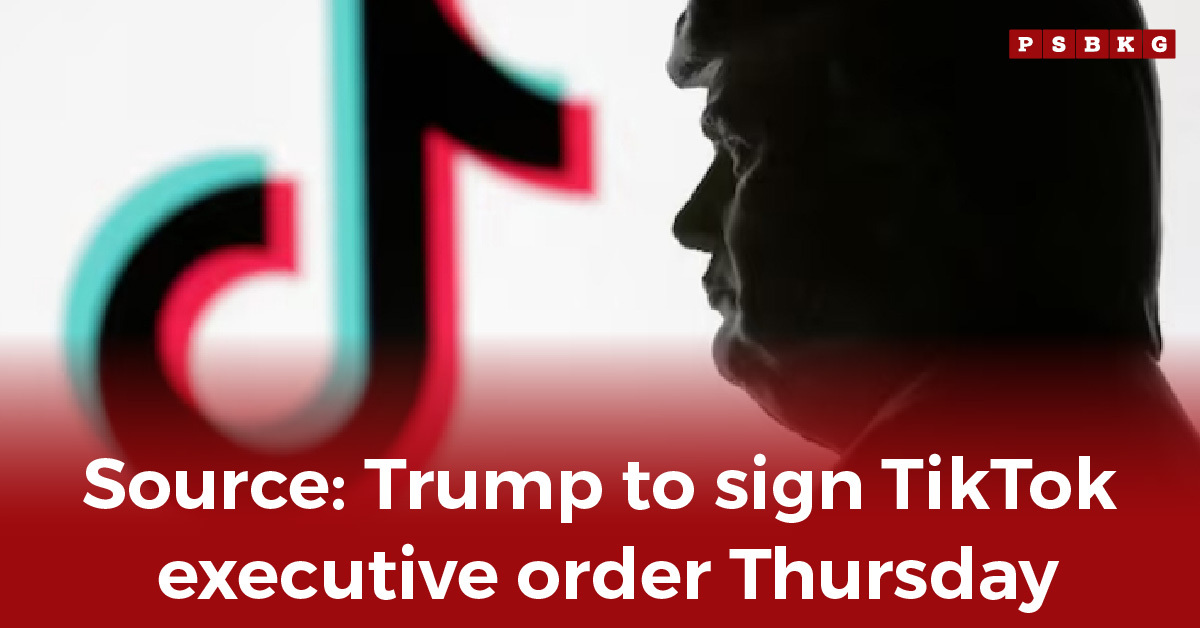 Graphic with TikTok logo and silhouette of a person, announcing Trump TikTok executive order plan on app regulations.